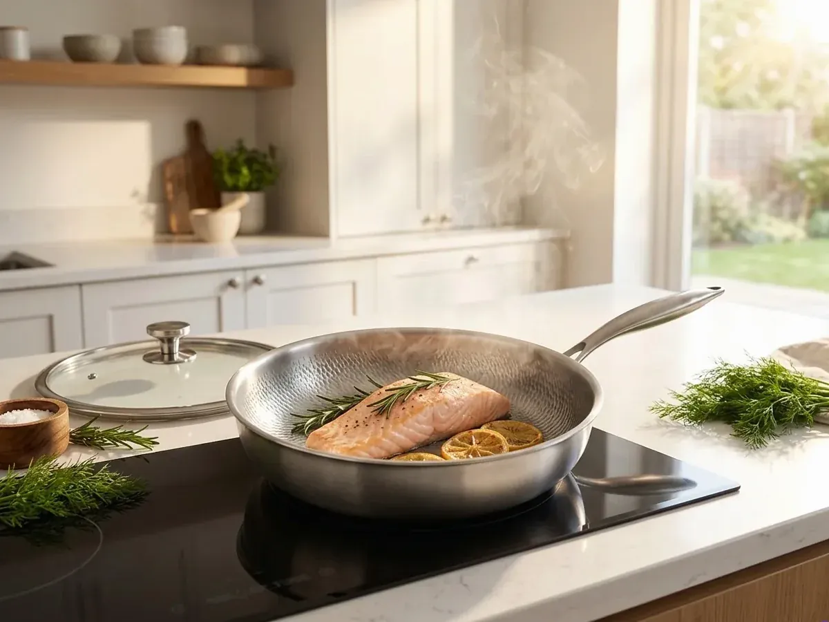 Searing fresh salmon with rosemary and lemon in the Joyhnny Titanium Pro Pan on induction